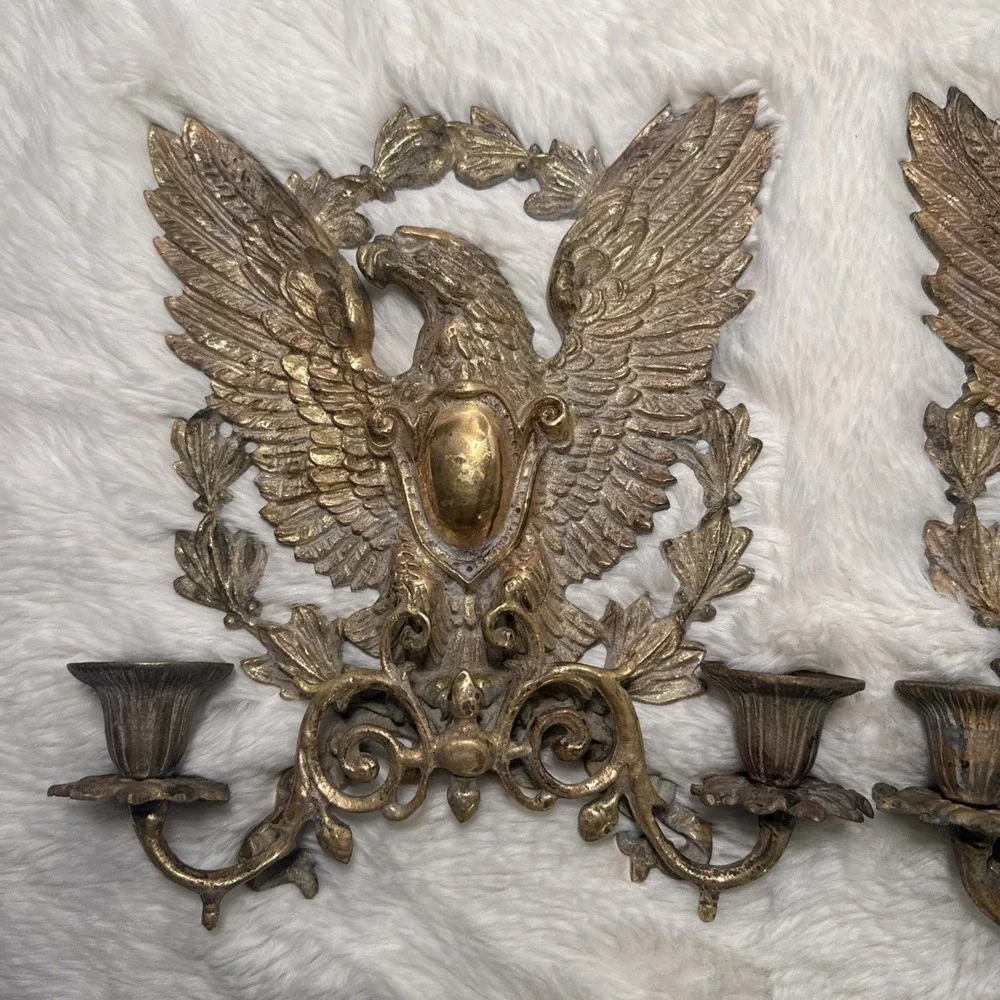 Vintage Brass Eagle Wall Scroll Sconce Candlestick Hollywood Regency Pair 2 MCM